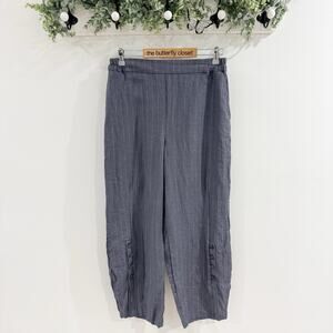 Lisa Bayne linen lagenlook gray White Pinstriped Pants Elastic Waist Buttons M